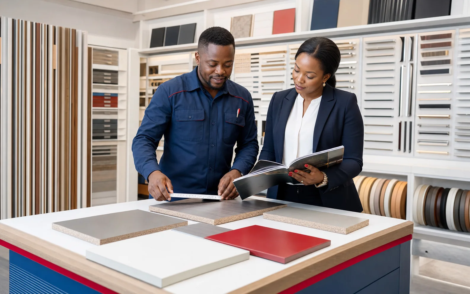 Ideal Boards carpenter helping a customer review board samples