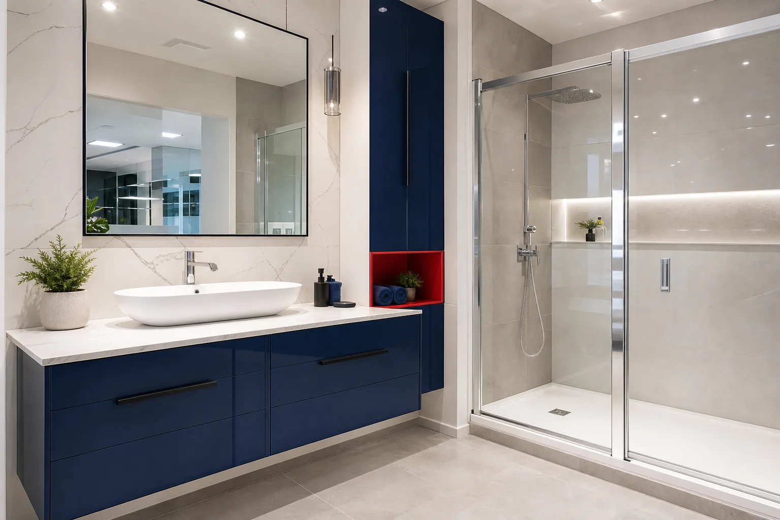 Vanity and shower cubicle finish
