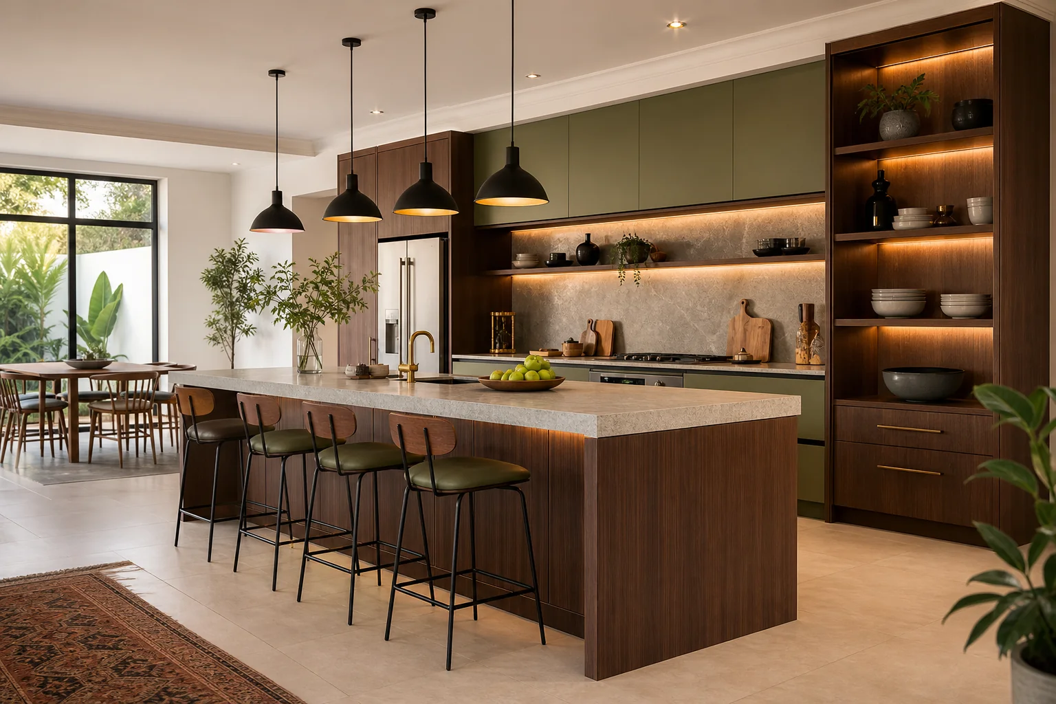 Completed fitted kitchen with island and storage