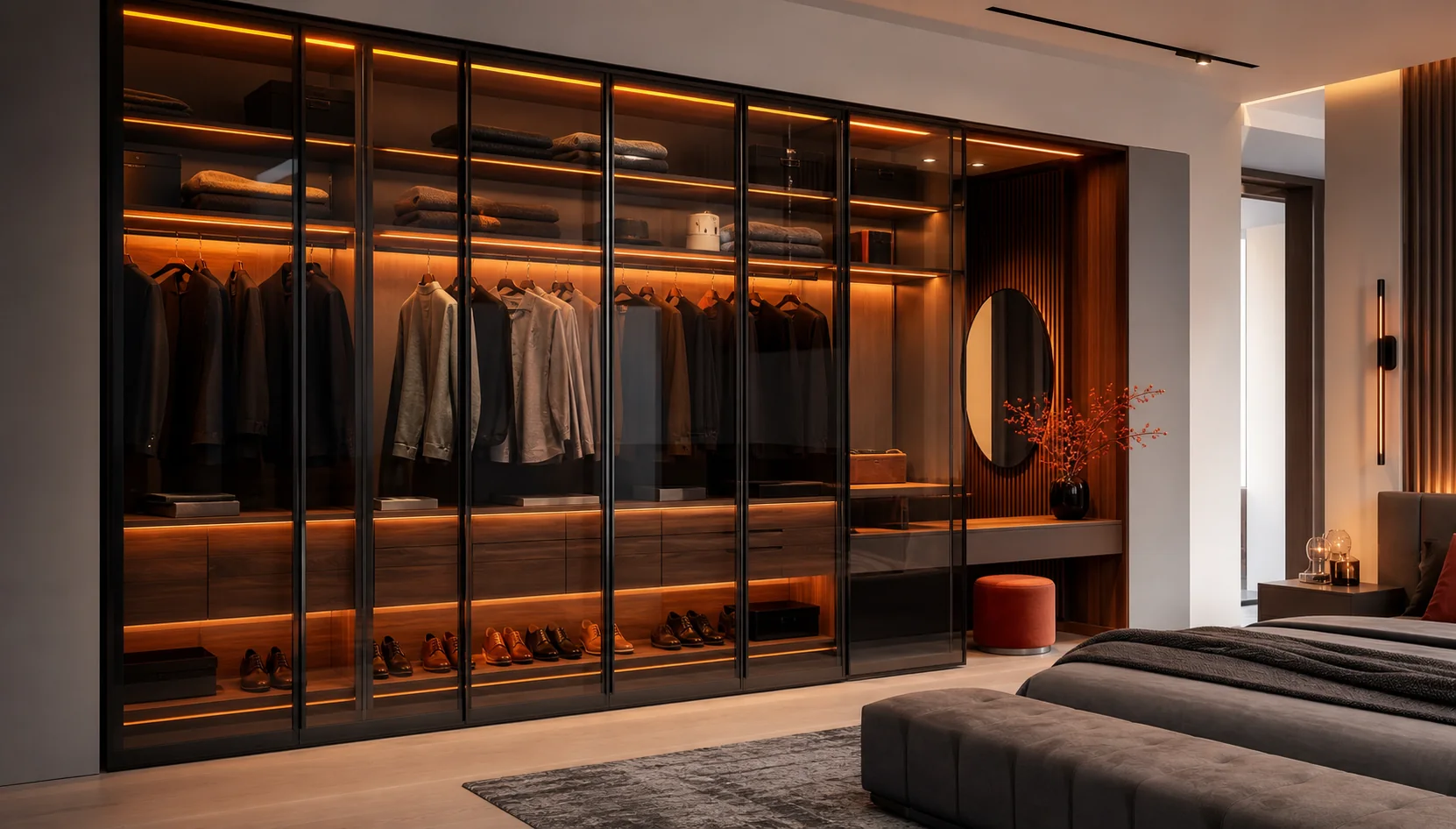 Glass-door fitted wardrobe with warm orange lighting