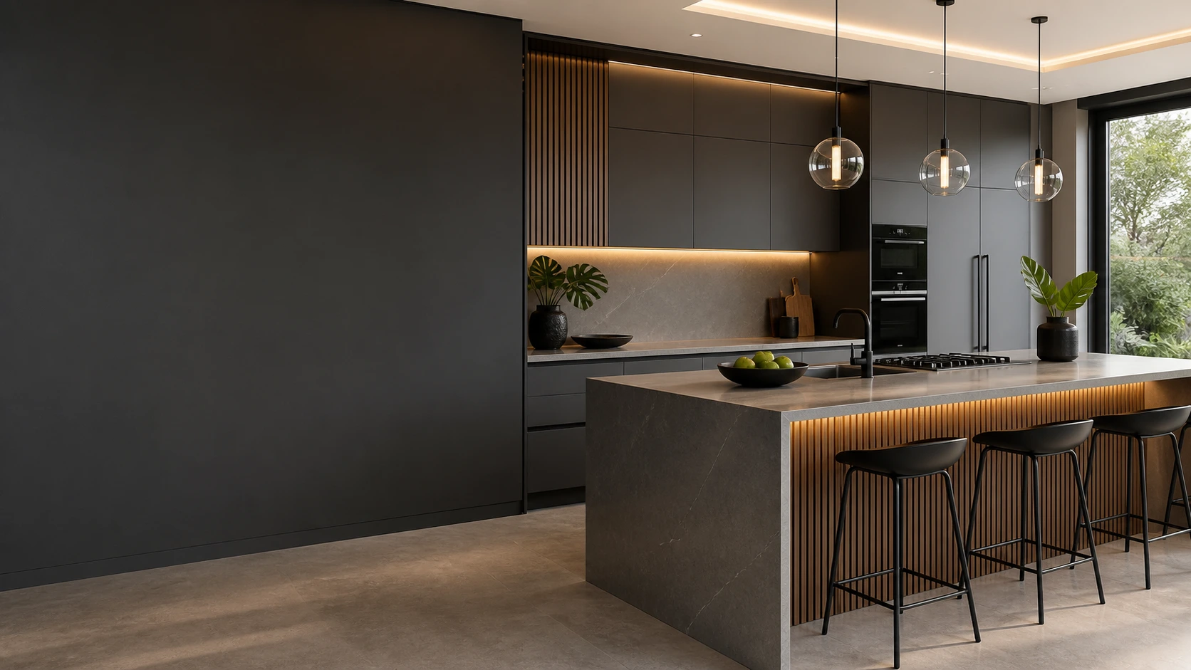 Premium storm grey kitchen cabinetry with warm wood accents and clean board edges