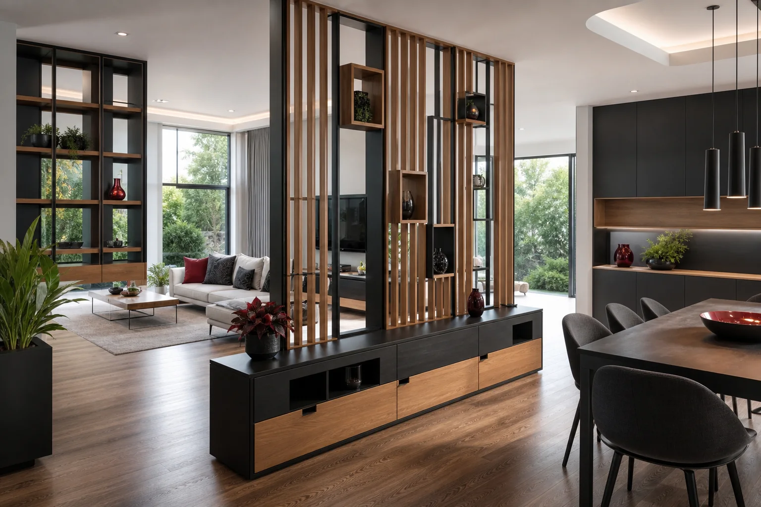 Open-plan aluminum and glass partition with storage