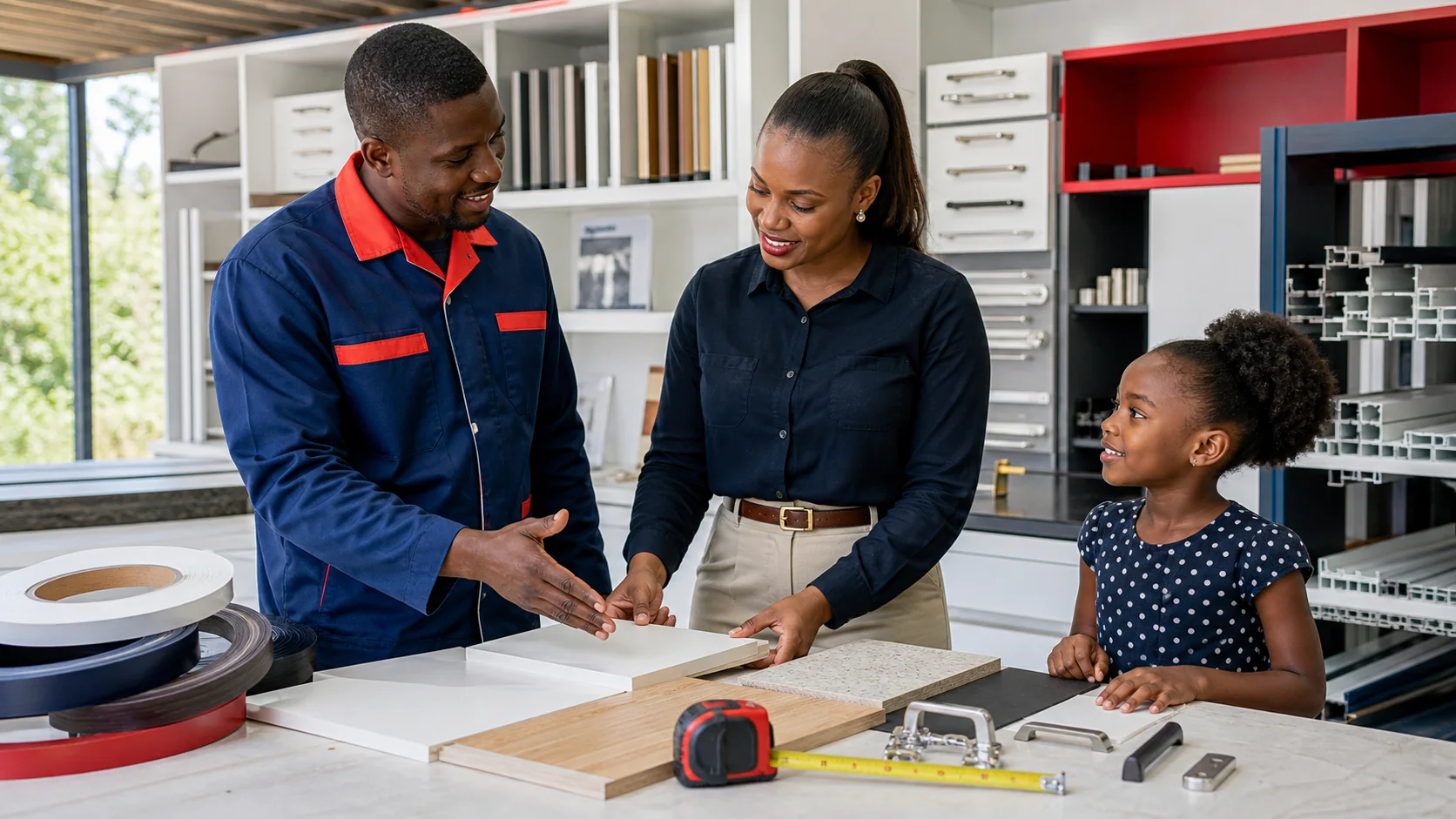 Ideal Boards worker helping a client choose board materials