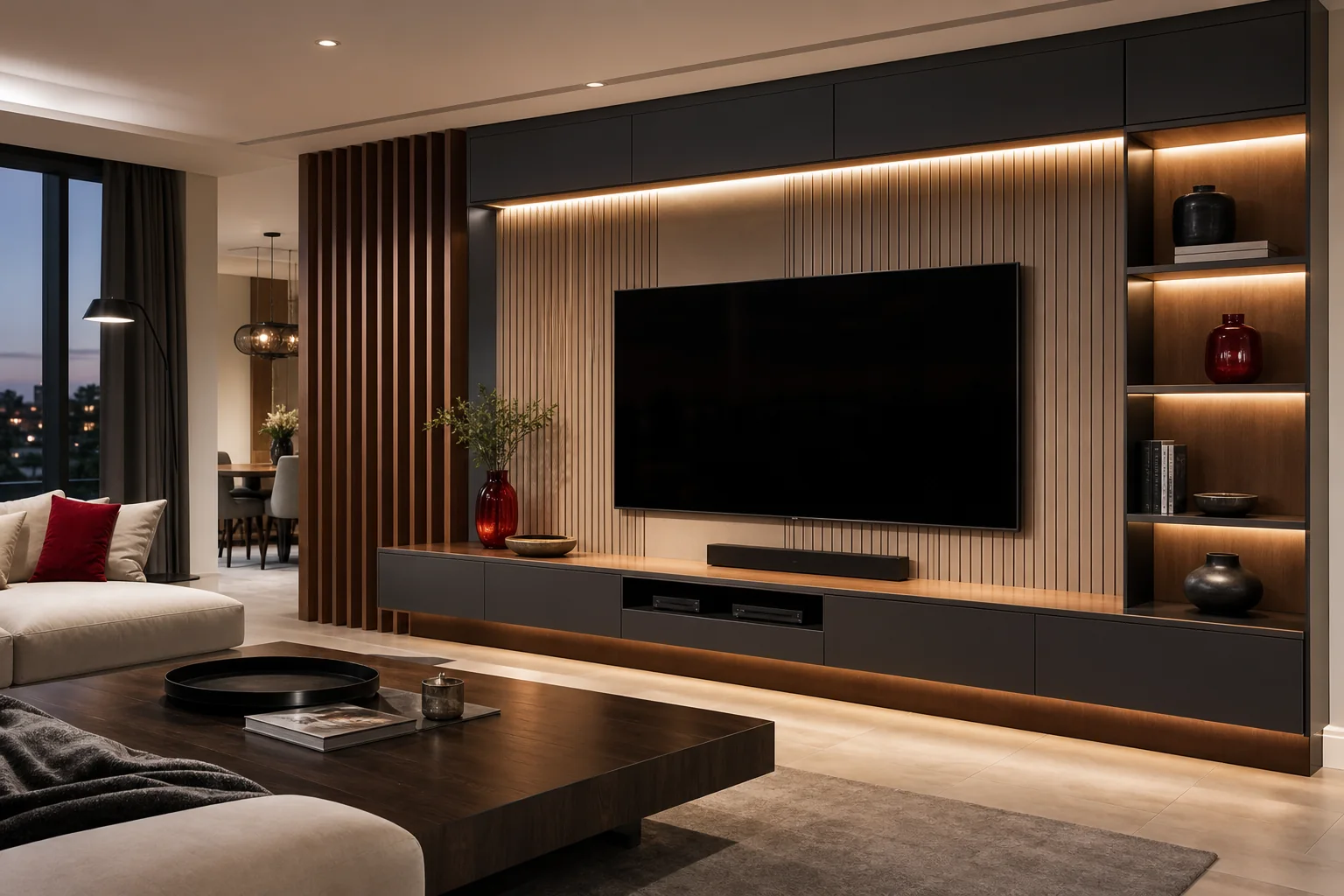Living room TV stand and media wall